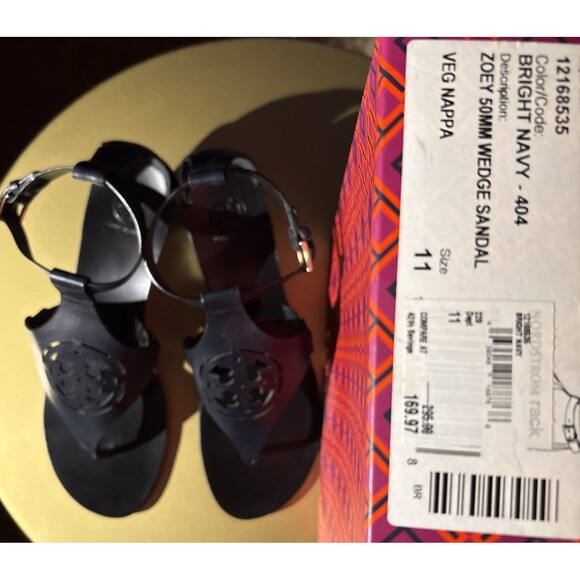 Tory Burch Leather Navy Zoey Wedge Heel Sandal Size 11M New With Box - Picture 2 of 11